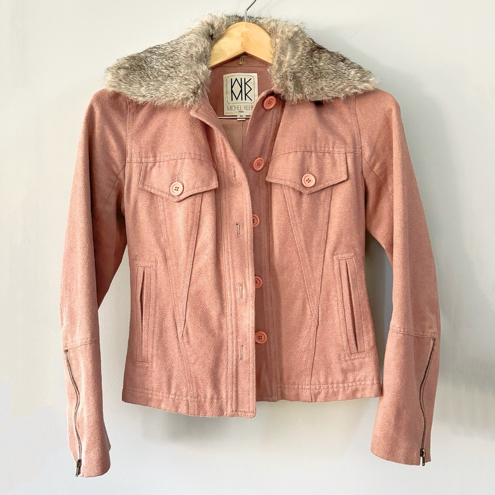 Michel Klein Paris Mauve Pink blazer jacket with removable fur collar